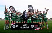 19 October 2024; Shamrock Rovers players celebrate with the cup after the EA SPORTS WU17 LOI Cup match between Athlone Town and Shamrock Rovers at Athlone Town Stadium in Westmeath. Photo by Ben McShane/Sportsfile