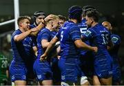 19 October 2024; Andrew Osborne of Leinster, third from left, celebrates with teammates after scoring their side's fifth try during the United Rugby Championship match between Connacht and Leinster at Dexcom Stadium in Galway. Photo by Seb Daly/Sportsfile