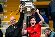 20 October 2024; Dunshaughlin co-captains Niall Murphy, left, and Jarad Rushe lift the cup after the Meath County Senior Club Football Championship final match between Wolfe Tones and Dunshaughlin at Páirc Tailteann in Navan, Meath. Photo by Ben McShane/Sportsfile