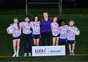 23 October 2024; Dublin footballer and Glenveagh Homes Gaelic4Girls ambassador Leah Caffrey with participants, from left, Katelyn McCormack, Céilí Zhi Jing Phang, Ava Grace Earley, Heidi Burke, Marwa Babiker and Lauren Mac Aonghusa in attendance at a photocall at Tyrrelstown GAA club in Dublin to confirm a renewal of the Glenveagh Homes sponsorship of the LGFA’s Gaelic4Girls programme. Glenveagh Homes will also sponsor the LGFA’s National Volunteer of the Year awards. Photo by Piaras Ó Mídheach/Sportsfile