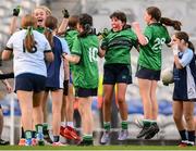 22 October 2024; Gaelscoil Bhaile Brigín players, including Jessica Nic Sandair, centre, react at the final whistle of the match between Gaelscoil Shliabh Rua, Dublin and Gaelscoil Bhaile Brigín, Dublin, on day two of the Allianz Cumann na mBunscol Finals at Croke Park in Dublin. Photo by Ramsey Cardy/Sportsfile