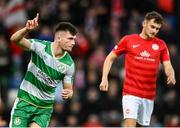 24 October 2024; Josh Honohan of Shamrock Rovers celebrates after scoring his side's first goal during the UEFA Conference League 2024/25 league phase match between Larne and Shamrock Rovers at the National Football Stadium at Windsor Park in Belfast, Northern Ireland. Photo by David Fitzgerald/Sportsfile