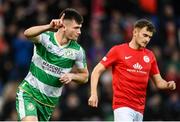 24 October 2024; Josh Honohan of Shamrock Rovers celebrates after scoring his side's first goal during the UEFA Conference League 2024/25 league phase match between Larne and Shamrock Rovers at the National Football Stadium at Windsor Park in Belfast, Northern Ireland. Photo by David Fitzgerald/Sportsfile