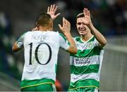 24 October 2024; Johnny Kenny of Shamrock Rovers, right, celebrates with team mate Graham Burke after scoring their side's second goal during the UEFA Conference League 2024/25 league phase match between Larne and Shamrock Rovers at the National Football Stadium at Windsor Park in Belfast, Northern Ireland. Photo by David Fitzgerald/Sportsfile