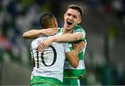 24 October 2024; Johnny Kenny of Shamrock Rovers, right, celebrates with team mate Graham Burke after scoring their side's second goal during the UEFA Conference League 2024/25 league phase match between Larne and Shamrock Rovers at the National Football Stadium at Windsor Park in Belfast, Northern Ireland. Photo by David Fitzgerald/Sportsfile