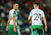 24 October 2024; Johnny Kenny of Shamrock Rovers, right, celebrates with team mate Graham Burke after scoring their side's second goal during the UEFA Conference League 2024/25 league phase match between Larne and Shamrock Rovers at the National Football Stadium at Windsor Park in Belfast, Northern Ireland. Photo by David Fitzgerald/Sportsfile