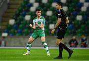 24 October 2024; Josh Honohan of Shamrock Rovers celebrates his side's third goal, scored by team mate Graham Burke, not pictured, during the UEFA Conference League 2024/25 league phase match between Larne and Shamrock Rovers at the National Football Stadium at Windsor Park in Belfast, Northern Ireland. Photo by David Fitzgerald/Sportsfile