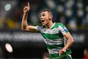 24 October 2024; Graham Burke of Shamrock Rovers celebrates after scoring his side's third goal during the UEFA Conference League 2024/25 league phase match between Larne and Shamrock Rovers at the National Football Stadium at Windsor Park in Belfast, Northern Ireland. Photo by Ben McShane/Sportsfile