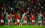 24 October 2024; Shamrock Rovers players celebrate their side's third goal as Larne players protest during the UEFA Conference League 2024/25 league phase match between Larne and Shamrock Rovers at the National Football Stadium at Windsor Park in Belfast, Northern Ireland. Photo by David Fitzgerald/Sportsfile