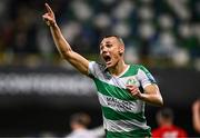 24 October 2024; Graham Burke of Shamrock Rovers celebrates after scoring his side's third goal during the UEFA Conference League 2024/25 league phase match between Larne and Shamrock Rovers at the National Football Stadium at Windsor Park in Belfast, Northern Ireland. Photo by Ben McShane/Sportsfile