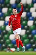 24 October 2024; Christopher Gallagher of Larne celebrates after scoring his side's first goal during the UEFA Conference League 2024/25 league phase match between Larne and Shamrock Rovers at the National Football Stadium at Windsor Park in Belfast, Northern Ireland. Photo by Ben McShane/Sportsfile