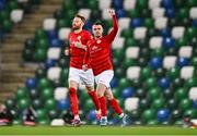 24 October 2024; Christopher Gallagher of Larne celebrates after scoring his side's first goal during the UEFA Conference League 2024/25 league phase match between Larne and Shamrock Rovers at the National Football Stadium at Windsor Park in Belfast, Northern Ireland. Photo by Ben McShane/Sportsfile