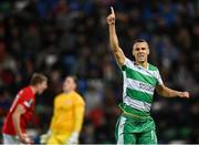 24 October 2024; Graham Burke of Shamrock Rovers celebrates after scoring his side's fourth goal during the UEFA Conference League 2024/25 league phase match between Larne and Shamrock Rovers at the National Football Stadium at Windsor Park in Belfast, Northern Ireland. Photo by David Fitzgerald/Sportsfile