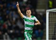 24 October 2024; Graham Burke of Shamrock Rovers celebrates after scoring his side's fourth goal during the UEFA Conference League 2024/25 league phase match between Larne and Shamrock Rovers at the National Football Stadium at Windsor Park in Belfast, Northern Ireland. Photo by David Fitzgerald/Sportsfile