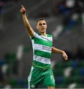 24 October 2024; Graham Burke of Shamrock Rovers celebrates after scoring his side's fourth goal during the UEFA Conference League 2024/25 league phase match between Larne and Shamrock Rovers at the National Football Stadium at Windsor Park in Belfast, Northern Ireland. Photo by David Fitzgerald/Sportsfile