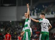 24 October 2024; Graham Burke of Shamrock Rovers celebrates after scoring his side's fourth goal with team mate Johnny Kenny during the UEFA Conference League 2024/25 league phase match between Larne and Shamrock Rovers at the National Football Stadium at Windsor Park in Belfast, Northern Ireland. Photo by David Fitzgerald/Sportsfile