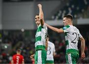 24 October 2024; Graham Burke of Shamrock Rovers celebrates after scoring his side's fourth goal with team mate Johnny Kenny during the UEFA Conference League 2024/25 league phase match between Larne and Shamrock Rovers at the National Football Stadium at Windsor Park in Belfast, Northern Ireland. Photo by David Fitzgerald/Sportsfile