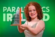 24 October 2024; Paralympics Ireland hosted their Paris 2024 Ball at the RDS in Dublin this evening. The event was held to honour and celebrate the outstanding achievements and contributions of all those involved in the success of the Paralympic Games in Paris. Pictured is Paralympian Dearbhaile Brady with her Nestlé Outstanding Games Debut Performance award during the event at the RDS in Dublin. Photo by Sam Barnes/Sportsfile