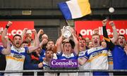 25 October 2024; Errigal Ciaran captain Darragh Canavan lifts the trophy after winning the Tyrone County Senior Club Football Championship final match between Errigal Ciarán and Trillick at O'Neills Healy Park in Omagh, Tyrone. Photo by Ramsey Cardy/Sportsfile