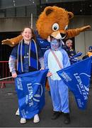 26 October 2024; Leinster supporters Jessica and Emily Shannon, from Kilcoole, Wicklow, with Leinster mascot Leo the Lion, before the United Rugby Championship match between Leinster and Emirates Lions at the Aviva Stadium in Dublin. Photo by Seb Daly/Sportsfile