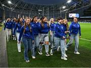 26 October 2024; Leinster Women's U18 players parade at half-time with their trophy after victory in their interprovincial competition during the United Rugby Championship match between Leinster and Emirates Lions at the Aviva Stadium in Dublin. Photo by Seb Daly/Sportsfile