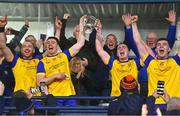 26 October 2024; Na Fianna captain Donal Burke, left, and teammate Peter Feeney lift the cup after the Dublin County Senior Club Hurling Championship final match between Kilmacud Crokes and Na Fianna at Parnell Park in Dublin. Photo by Ben McShane/Sportsfile