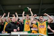 27 October 2024; Corofin captain Dylan McHugh lifts the cup after the Galway County Senior Club Football Championship final match between Moycullen and Corofin at Tuam Stadium in Galway. Photo by Ray Ryan/Sportsfile