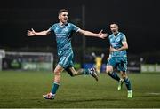 27 October 2024; Dylan Watts of Shamrock Rovers celebrates after scoring his side's first goal during the SSE Airtricity Men's Premier Division match between Dundalk and Shamrock Rovers at Oriel Park in Dundalk, Louth. Photo by Ben McShane/Sportsfile