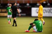 29 October 2024; Jaden Umeh of Republic of Ireland reacts at the final whistle of his side's draw in the UEFA U17 European Championships Round 1 Qualifier match between Republic of Ireland and Lithuania at Inver Park in Larne, Antrim. Photo by Ramsey Cardy/Sportsfile