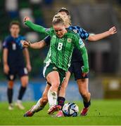 29 October 2024; Constance Scofield of Northern Ireland in action against Lucia Orkic of Croatia during the UEFA Women's EURO 2025 Play-Off Round 1 Second Leg match between Northern Ireland and Croatia at the National Football Stadium in Windsor Park, Belfast. Photo by Ramsey Cardy/Sportsfile