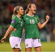 29 October 2024; Kyra Carusa of Republic of Ireland celebrates with teammate Julie-Ann Russell, left, after scoring their side's second goal during the UEFA Women's EURO 2025 Play-Off Round 1 second leg match between Republic of Ireland and Georgia at Tallaght Stadium in Dublin. Photo by Stephen McCarthy/Sportsfile