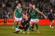 29 October 2024; Lily Agg of Republic of Ireland in action against Nino Bukhrikidze of Georgia during the UEFA Women's EURO 2025 Play-Off Round 1 second leg match between Republic of Ireland and Georgia at Tallaght Stadium in Dublin. Photo by Ben McShane/Sportsfile