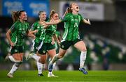 29 October 2024; Lauren Wade of Northern Ireland celebrates after scoring her side's first goal during the UEFA Women's EURO 2025 Play-Off Round 1 Second Leg match between Northern Ireland and Croatia at the National Football Stadium in Windsor Park, Belfast. Photo by Ramsey Cardy/Sportsfile