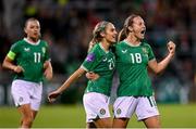 29 October 2024; Kyra Carusa of Republic of Ireland, 18 celebrates with team-mate Julie-Ann Russell after scoring their side's second goal during the UEFA Women's EURO 2025 Play-Off Round 1 second leg match between Republic of Ireland and Georgia at Tallaght Stadium in Dublin. Photo by Stephen McCarthy/Sportsfile