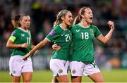 29 October 2024; Kyra Carusa of Republic of Ireland, 18 celebrates with team-mate Julie-Ann Russell after scoring their side's second goal during the UEFA Women's EURO 2025 Play-Off Round 1 second leg match between Republic of Ireland and Georgia at Tallaght Stadium in Dublin. Photo by Stephen McCarthy/Sportsfile