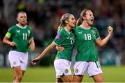 29 October 2024; Kyra Carusa of Republic of Ireland, 18 celebrates with team-mate Julie-Ann Russell after scoring their side's second goal during the UEFA Women's EURO 2025 Play-Off Round 1 second leg match between Republic of Ireland and Georgia at Tallaght Stadium in Dublin. Photo by Stephen McCarthy/Sportsfile