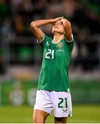 29 October 2024; Julie-Ann Russell of Republic of Ireland reacts to a missed opportunity on goal during the UEFA Women's EURO 2025 Play-Off Round 1 second leg match between Republic of Ireland and Georgia at Tallaght Stadium in Dublin. Photo by Stephen McCarthy/Sportsfile