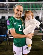 29 October 2024; Julie-Ann Russell of Republic of Ireland and daughter Rosie after the UEFA Women's EURO 2025 Play-Off Round 1 second leg match between Republic of Ireland and Georgia at Tallaght Stadium in Dublin. Photo by Stephen McCarthy/Sportsfile