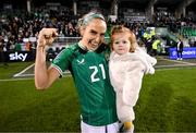 29 October 2024; Julie-Ann Russell of Republic of Ireland and daughter Rosie after the UEFA Women's EURO 2025 Play-Off Round 1 second leg match between Republic of Ireland and Georgia at Tallaght Stadium in Dublin. Photo by Stephen McCarthy/Sportsfile