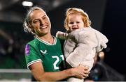 29 October 2024; Julie-Ann Russell of Republic of Ireland and daughter Rosie after the UEFA Women's EURO 2025 Play-Off Round 1 second leg match between Republic of Ireland and Georgia at Tallaght Stadium in Dublin. Photo by Stephen McCarthy/Sportsfile