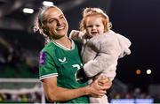 29 October 2024; Julie-Ann Russell of Republic of Ireland and daughter Rosie after the UEFA Women's EURO 2025 Play-Off Round 1 second leg match between Republic of Ireland and Georgia at Tallaght Stadium in Dublin. Photo by Stephen McCarthy/Sportsfile