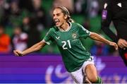 29 October 2024; Julie-Ann Russell of Republic of Ireland celebrates after scoring her side's first goal during the UEFA Women's EURO 2025 Play-Off Round 1 second leg match between Republic of Ireland and Georgia at Tallaght Stadium in Dublin. Photo by Ben McShane/Sportsfile