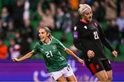 29 October 2024; Julie-Ann Russell of Republic of Ireland celebrates after scoring her side's first goal during the UEFA Women's EURO 2025 Play-Off Round 1 second leg match between Republic of Ireland and Georgia at Tallaght Stadium in Dublin. Photo by Ben McShane/Sportsfile