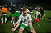 4 November 2024; Vincent Leonard of Republic of Ireland celebrates after his side qualify for the next round after the UEFA U17 European Championships Round 1 qualifier match between Scotland and Republic of Ireland at Inver Park in Larne, Antrim. Photo by Ben McShane/Sportsfile