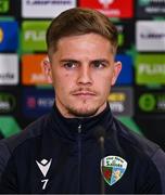 6 November 2024; Josh Daniels speaks to the media during The New Saints press conference at Tallaght Stadium in Dublin. Photo by Ben McShane/Sportsfile