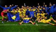 6 November 2024; The 2 Korriku team celebrate after their side's victory in the UEFA Youth League second round 2nd leg match between UCD and 2 Korriku at UCD Bowl in Dublin. Photo by Tyler Miller/Sportsfile