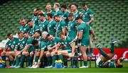 7 November 2024; Bundee Aki, right, falls during the team photograph before an Ireland Rugby captain's run at the Aviva Stadium in Dublin. Photo by Seb Daly/Sportsfile