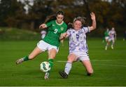 7 November 2024; Ciara Milton of Republic of Ireland in action against Lily Boyce of Scotland during the girls U16 international friendly match between Republic of Ireland and Scotland at the FAI National Training Centre in Abbotstown, Dublin. Photo by Stephen McCarthy/Sportsfile