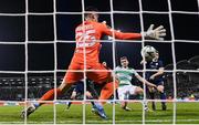 7 November 2024; Dylan Watts of Shamrock Rovers shoots to score his side's second goal during the UEFA Conference League 2024/25 league phase match between Shamrock Rovers and The New Saints at Tallaght Stadium in Dublin. Photo by Stephen McCarthy/Sportsfile