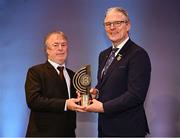 8 November 2024; John Knox of The Kilkenny People, left, is presented with the Hall of Fame Award by Uachtarán Chumann Lúthchleas Gael Jarlath Burns during the 2023 GAA MacNamee Awards at Croke Park in Dublin. Photo by Piaras Ó Mídheach/Sportsfile